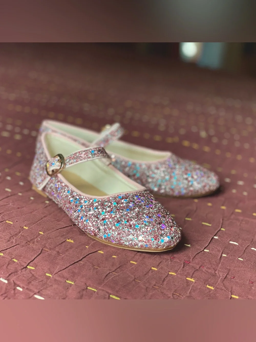 Crewcuts Pink Glitter Mary Jane Shoes with Gold Buckle